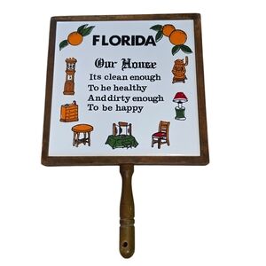 Vintage Florida Souvenir Ceramic Tile Trivet With Wood Frame And Handle